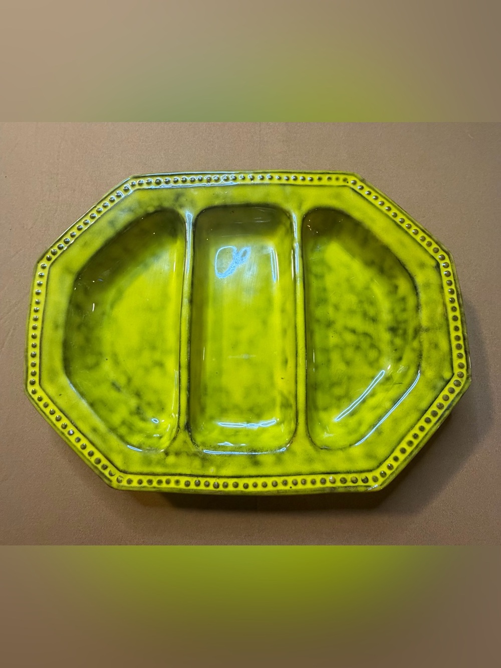 Vtg PV Italy Chartreuse Green 3-Section Divided Relish Tray Mid Century Ceramic